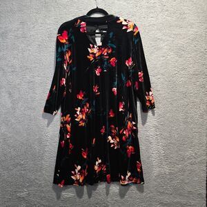 Womens Black Velvet Dress Multicolor Floral 0X Stretchy Dark Moody Soft Cutout